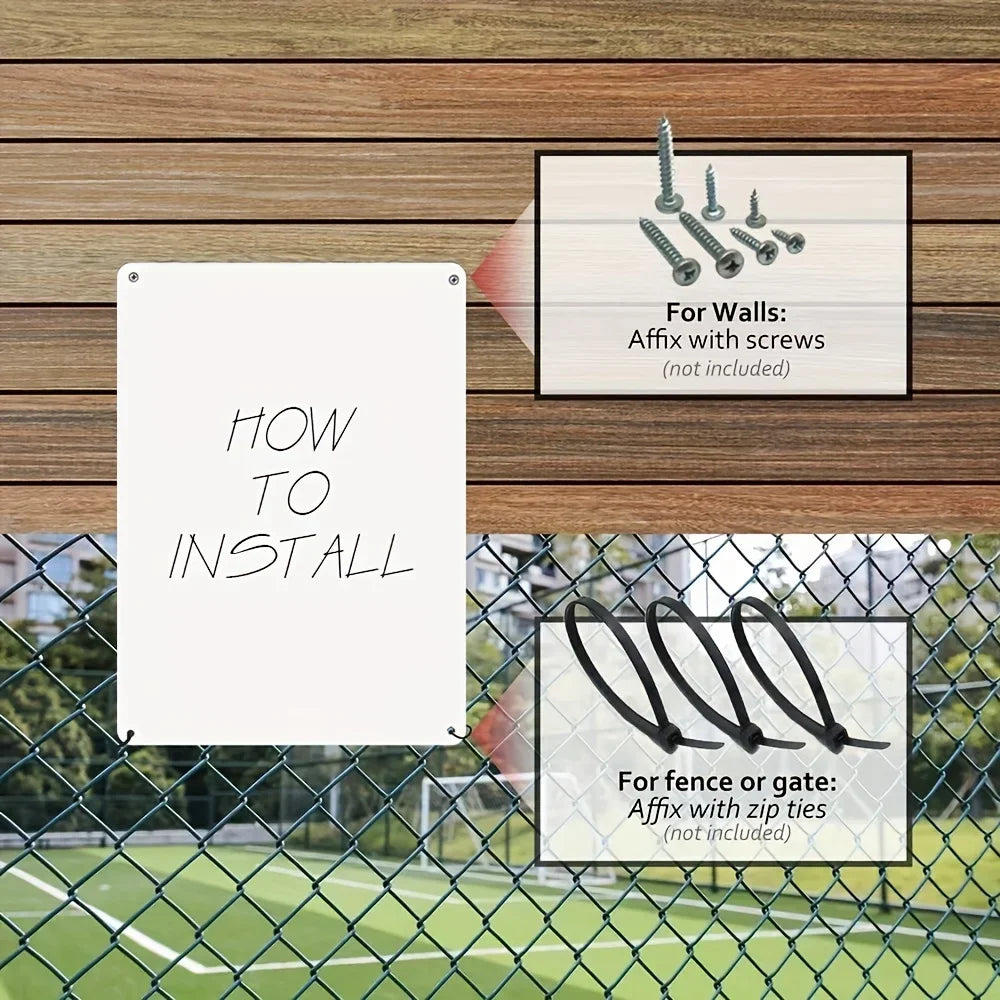 Instructions for installing a product on walls and fences with screws and zip ties.
