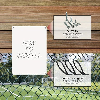 Instructions for installing a product on walls and fences with screws and zip ties.