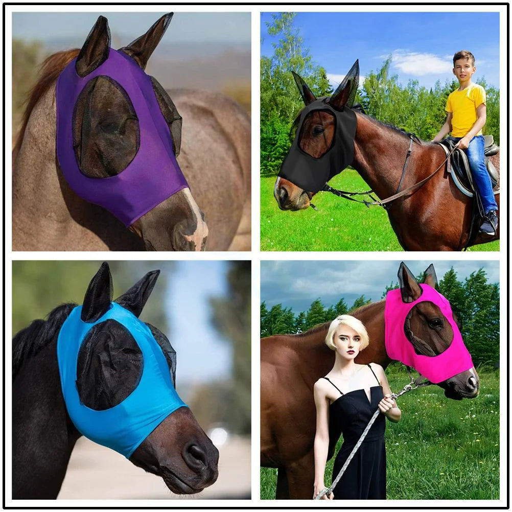 A four-panel collage showing horse fly masks in different colors worn by horses and a woman outdoors. The masks are purple, black, blue, and bright pink, with dark mesh eye and ear ventilation areas.