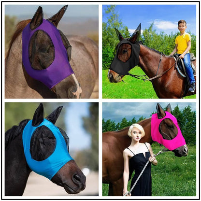 A four-panel collage showing horse fly masks in different colors worn by horses and a woman outdoors. The masks are purple, black, blue, and bright pink, with dark mesh eye and ear ventilation areas.
