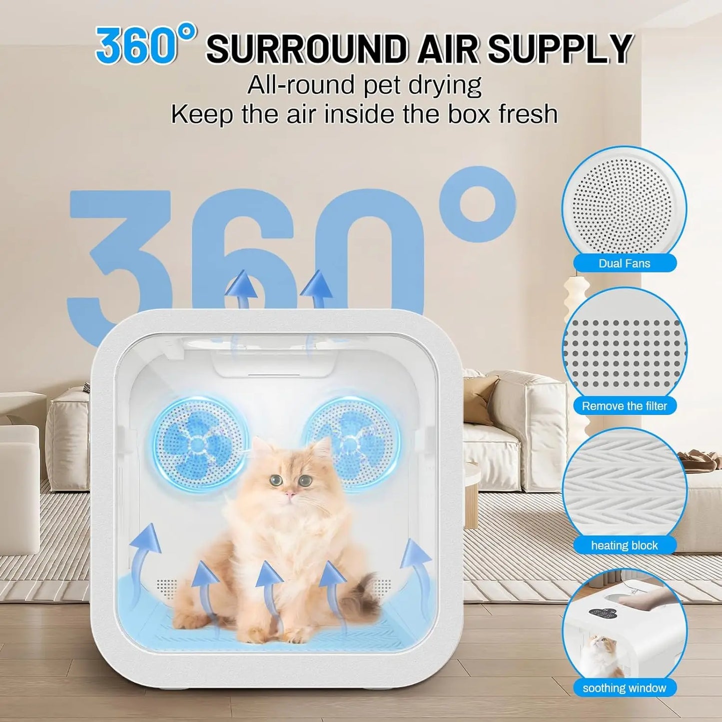 Automatic Pet Hair Dryer Box, 70L Dual Motor Fans Blower