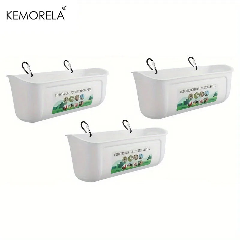 Three white plastic hanging planter boxes with black hanging loops, shown on a plain white background with the KEMORELA brand name in the top left corner.