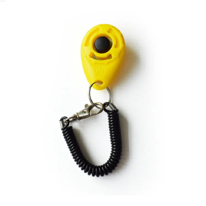 Yellow keychain with a coiled black cord on a white background