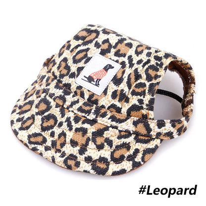 Leopard print cap with a brand label on a white background