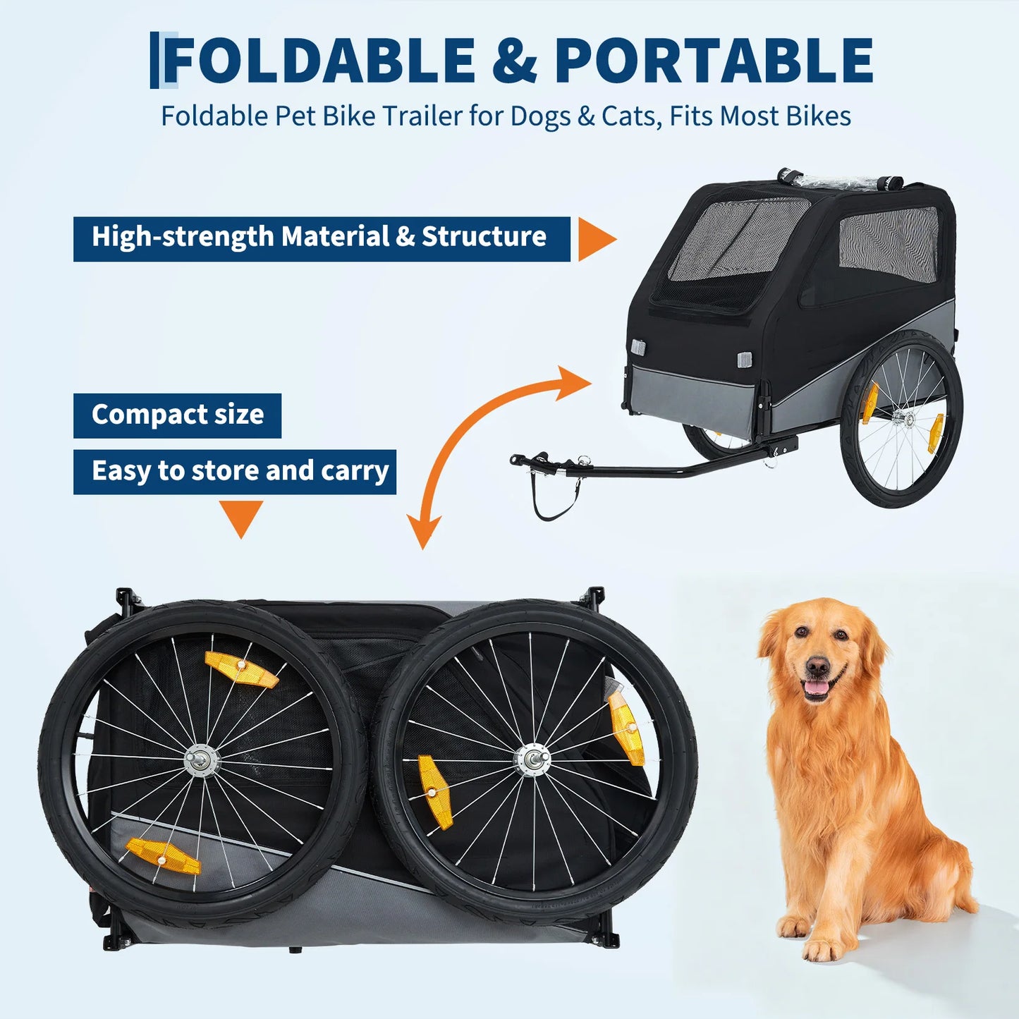 Foldable portable pet bike trailer shown in both folded and deployed states on a light blue background, with marketing text and a golden retriever dog beside it.