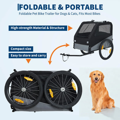 Foldable portable pet bike trailer shown in both folded and deployed states on a light blue background, with marketing text and a golden retriever dog beside it.
