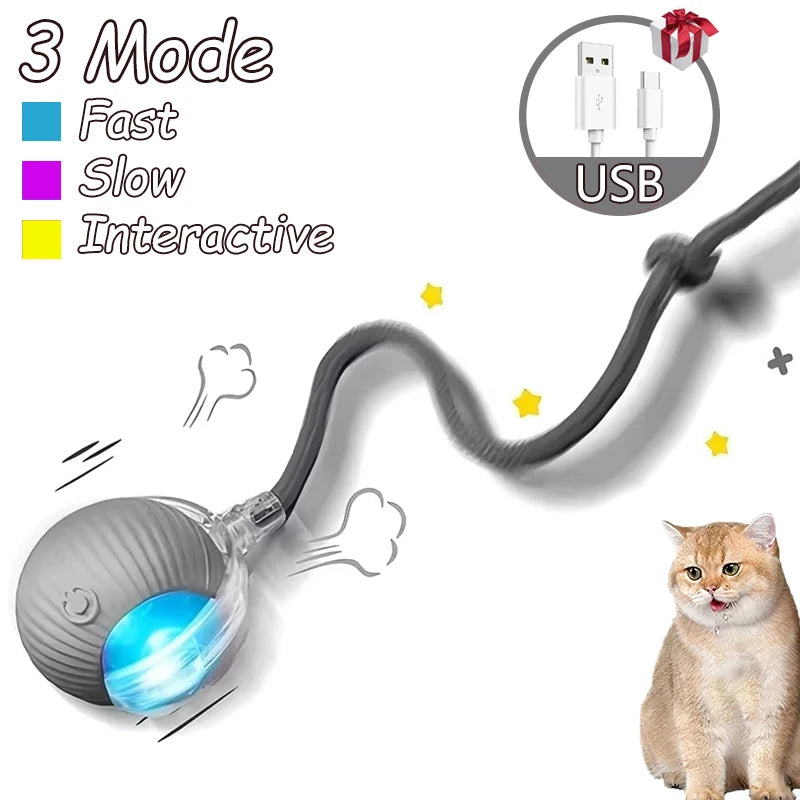 2Pcs Cat Interactive Ball Toys Automatic Rolling Ball Faux Tail Rechargeable