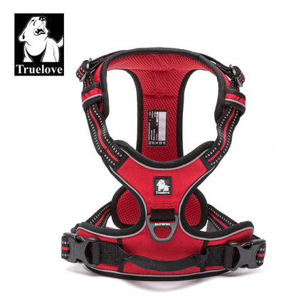 Red and black dog harness with 'Truelove' branding on a white background