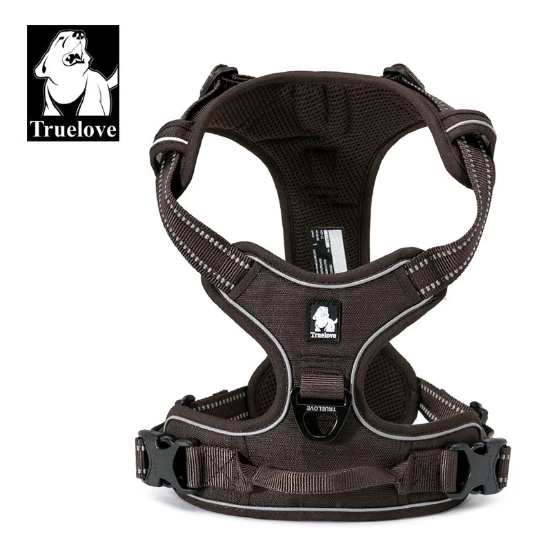 Brown dog harness with visible 'Truelove' branding on a white background