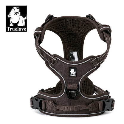 Brown dog harness with visible 'Truelove' branding on a white background