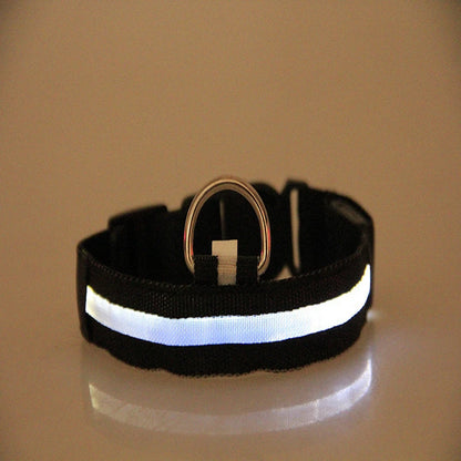 Black dog collar with reflective strip on a beige background