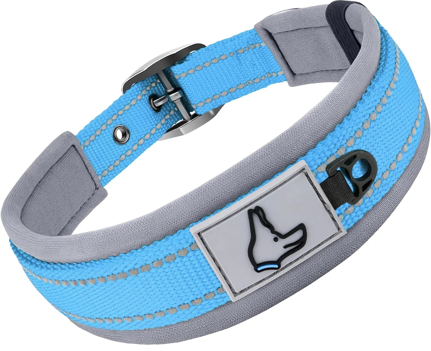 Blue and gray dog collar with a metal tag on a white background