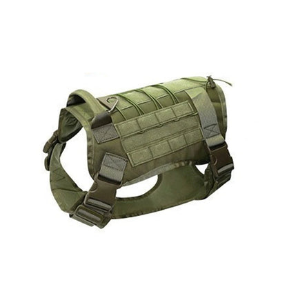 An olive green tactical dog harness with MOLLE webbing and adjustable straps, shown on a plain white background.