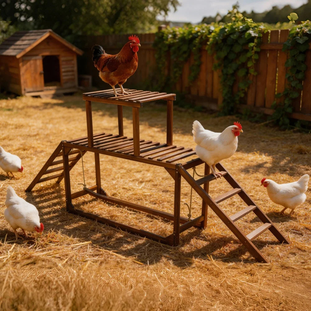 Hens on a wooden platform and ladder in a barnyard setting