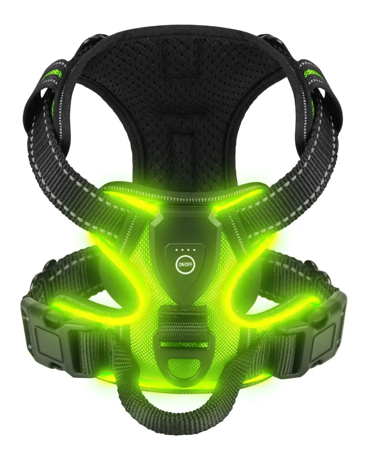Black dog harness with green LED lights on a white background