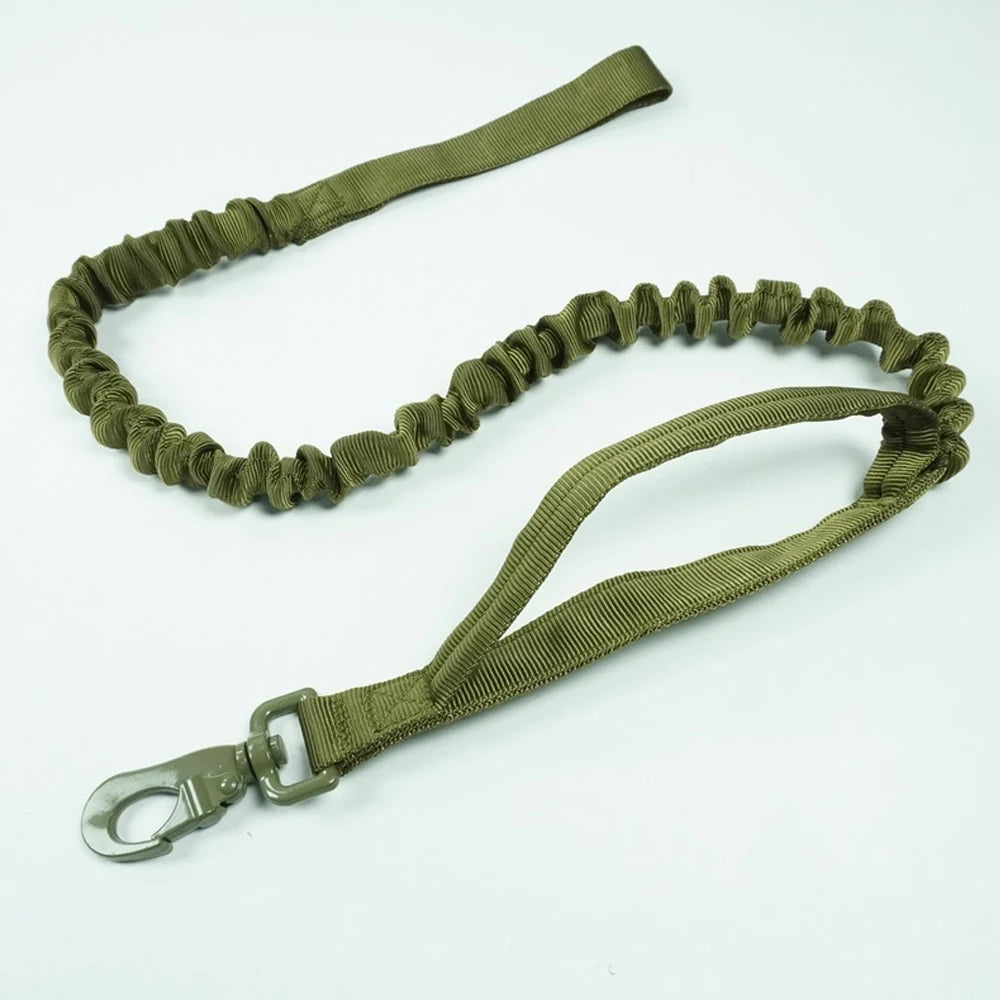 An olive green elastic bungee leash with a silver metal swivel snap hook, displayed on a clean white background.
