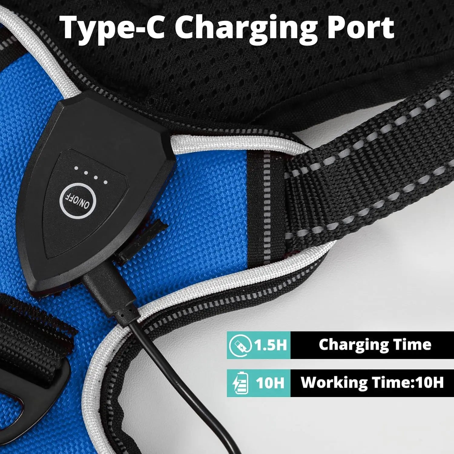 Blue and black dog collar with a charging port and text indicating charging and working times.