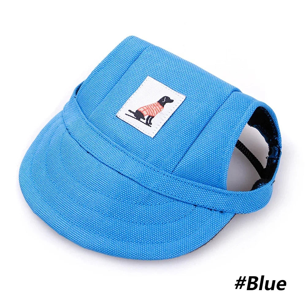 Blue pet visor with a label on a white background