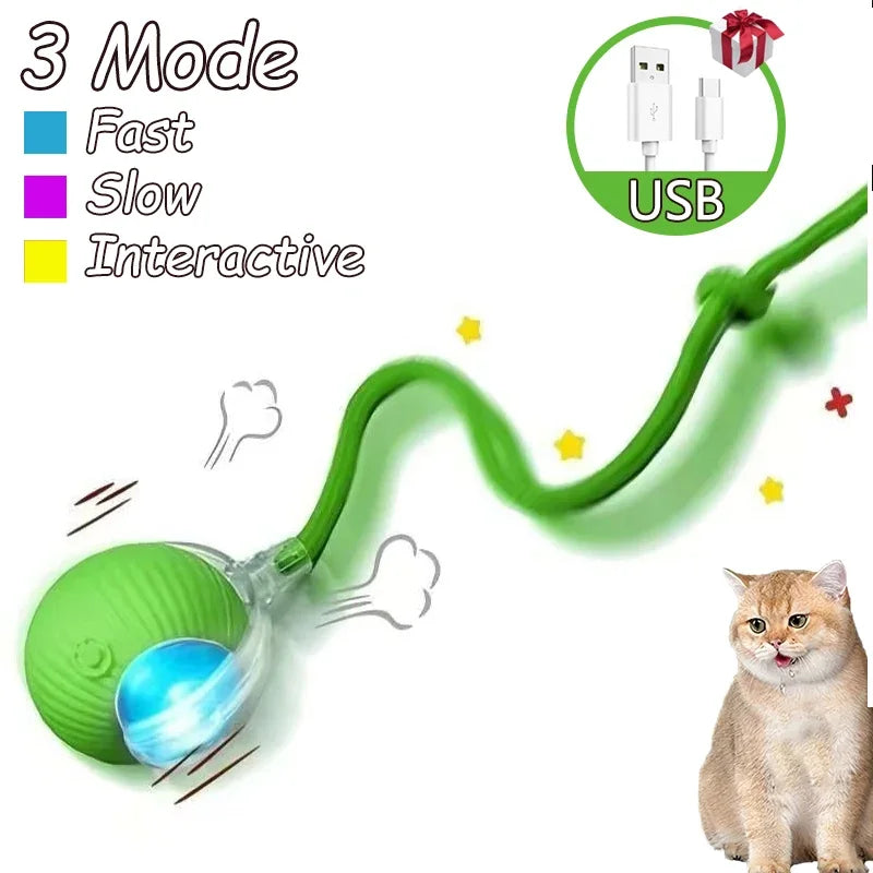 2Pcs Cat Interactive Ball Toys Automatic Rolling Ball Faux Tail Rechargeable
