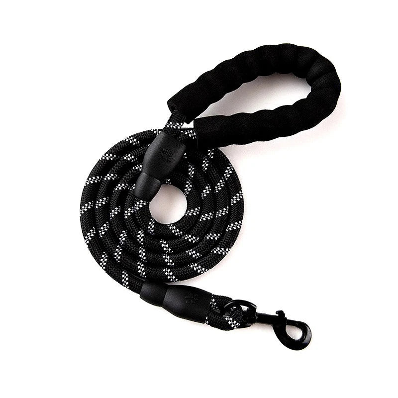 Black dog leash with reflective studs on a white background