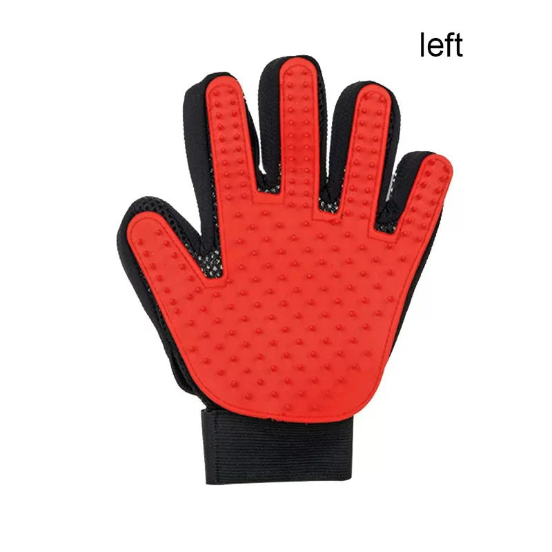 Left hand Red grooming glove with black accents on a white background