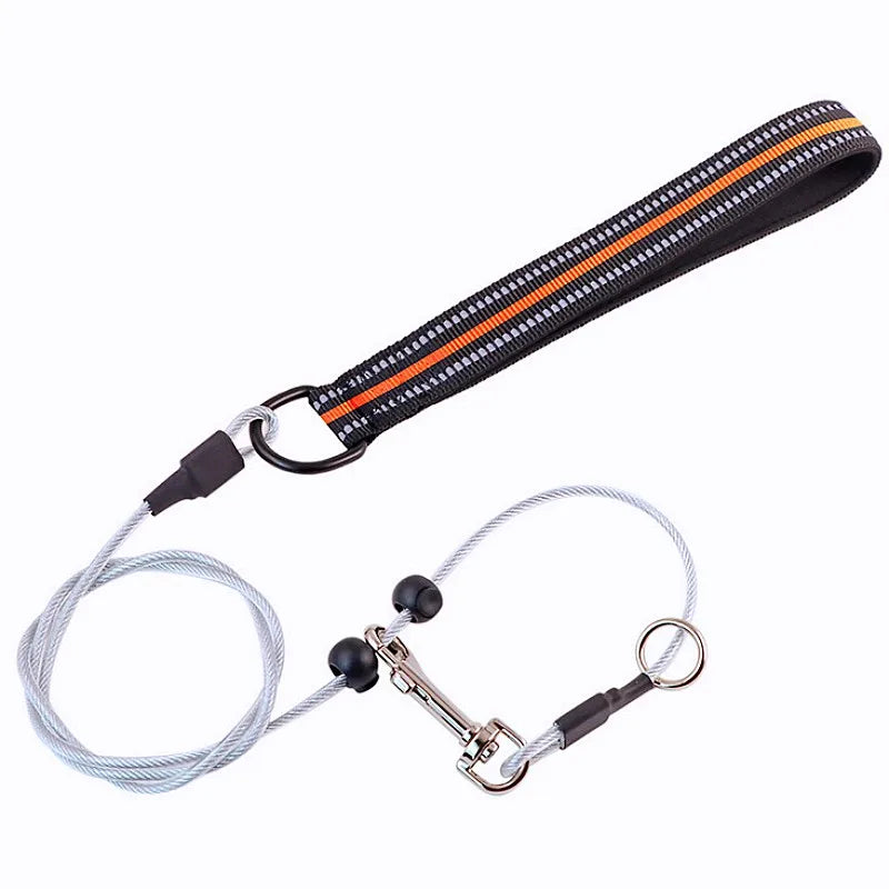 A black dog leash with reflective stripes, a silver steel wire cable, and black and silver hardware, shown on a plain white background.