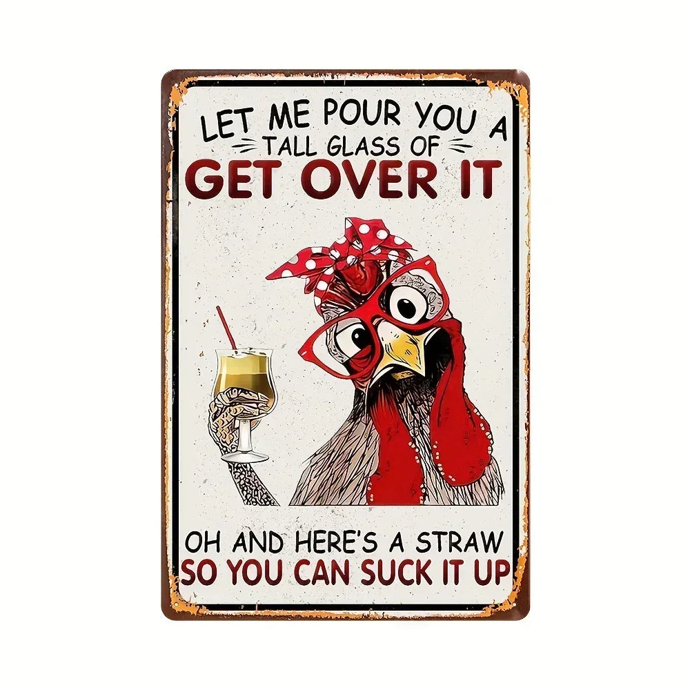 Metal sign with a cartoon rooster holding a glass of beer and text on a white background
