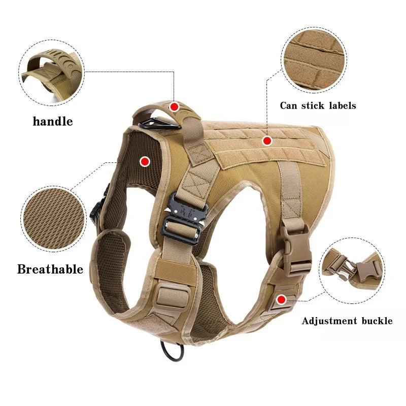Tan dog harness with features highlighted on a white background