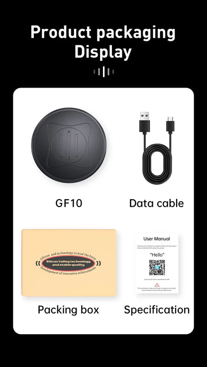 Product packaging display with GF10 device, data cable, packing box, and user manual on a white background.