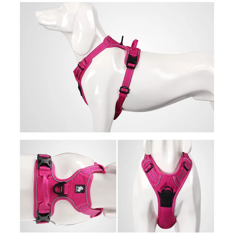 Pink dog harness displayed on a mannequin with close-up views.