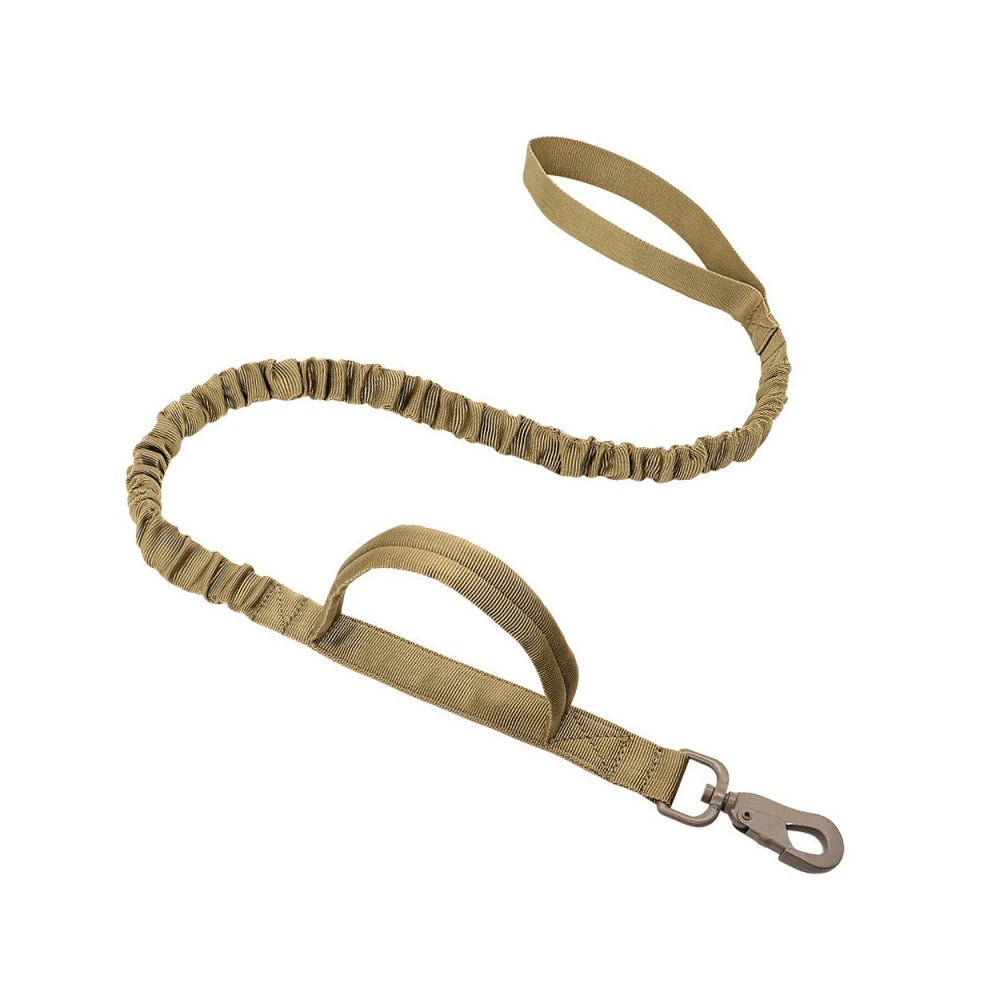 A tan elastic dog leash with a padded webbing handle and a silver metal snap hook, displayed on a solid white background.
