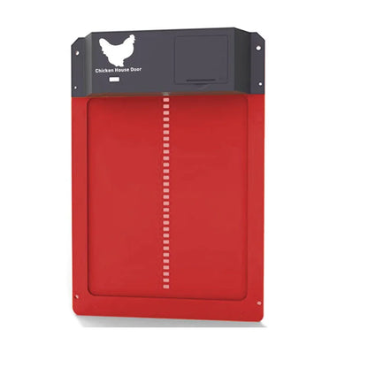 Red chicken house door with black top section on a white background