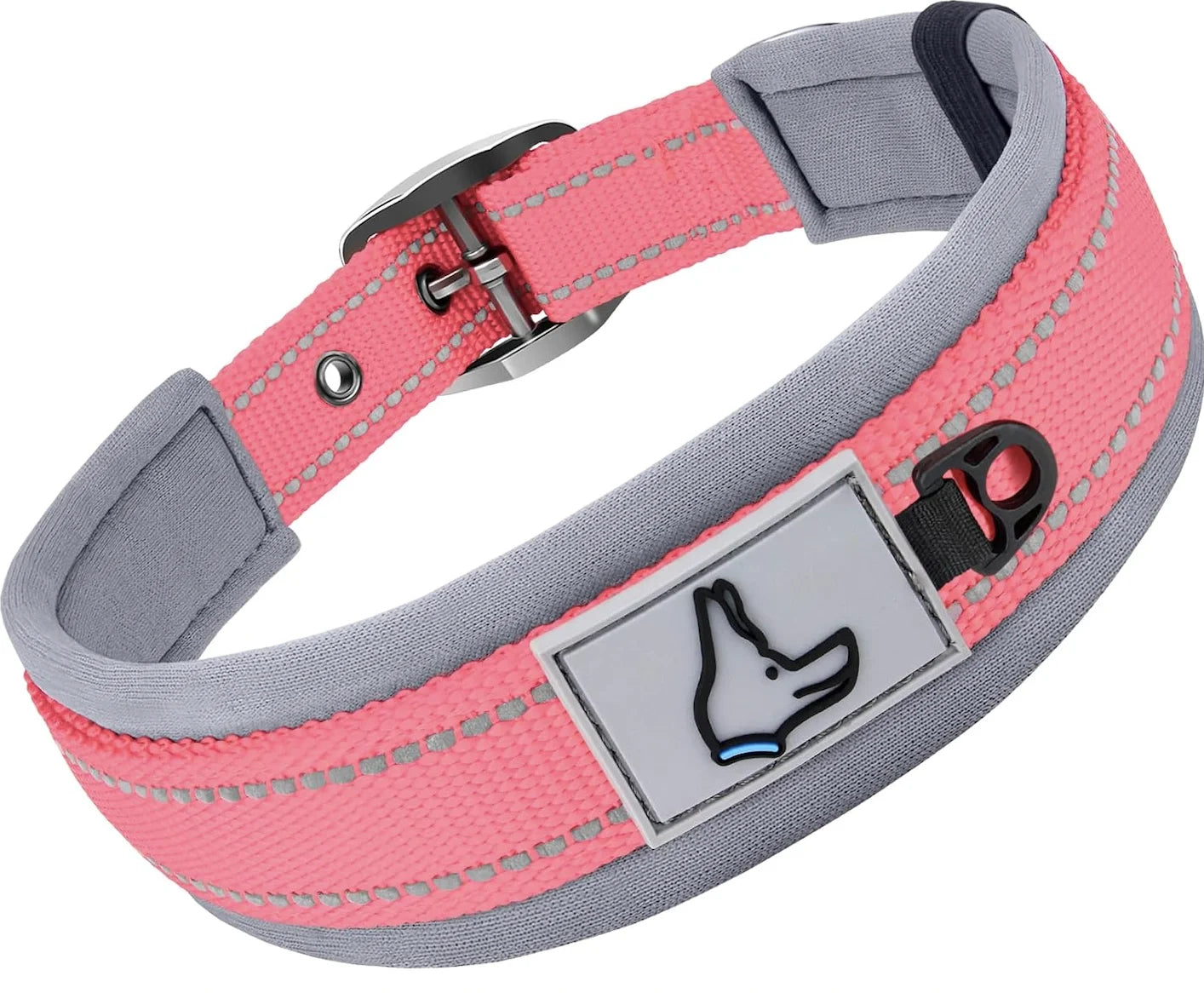 Pink and gray dog collar with a reflective patch on a white background