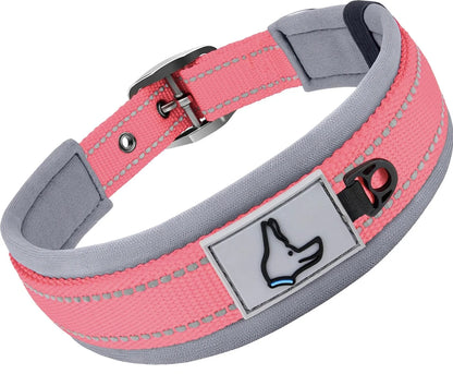 Pink and gray dog collar with a reflective patch on a white background