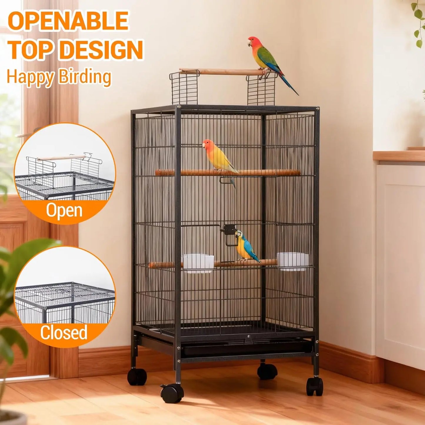 101cm Open Top Budgie Cage with Rolling Stand