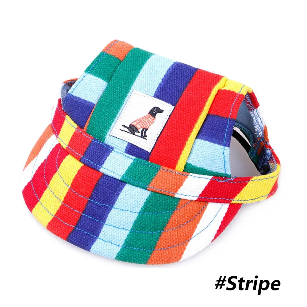 Colorful striped pet hat with a brand logo on a white background