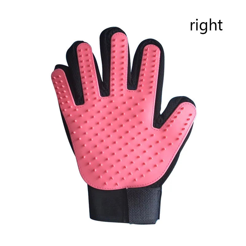 Pink grooming glove with black accents on a white background
