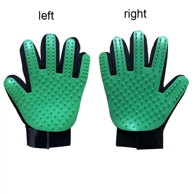 Pair of Green grooming gloves with black accents on a white background
