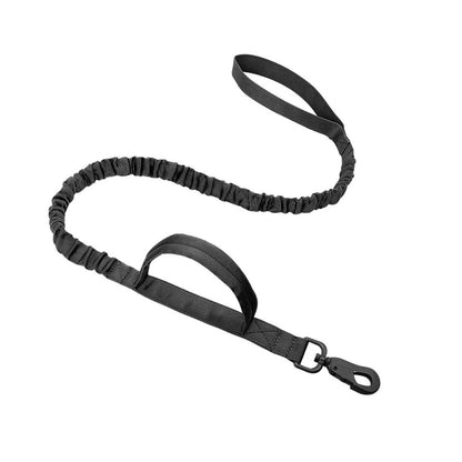 A black elastic bungee dog leash with a padded handle and a metal snap hook, displayed on a clean white background.