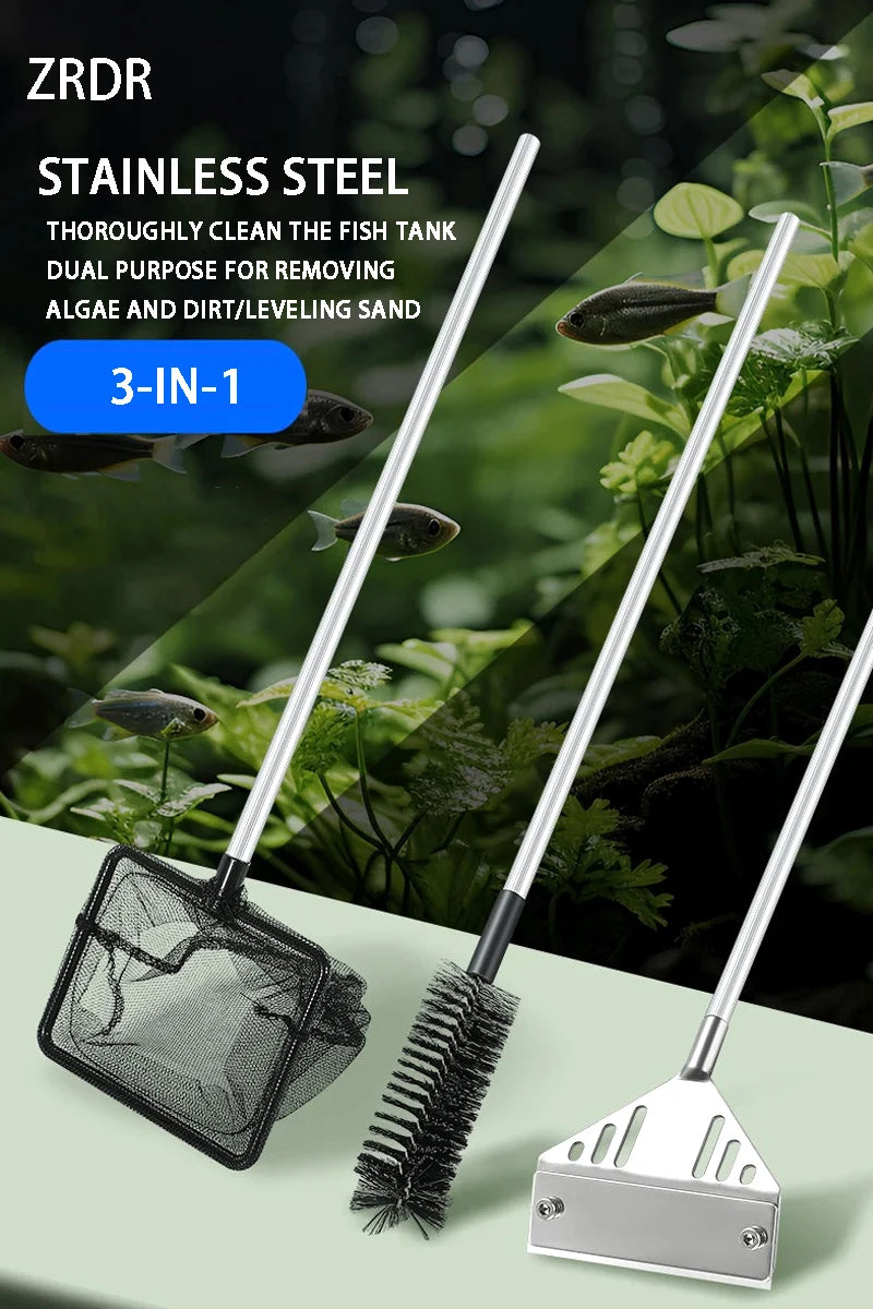 Three aquarium cleaning tools on a green surface with aquatic plants in the background.