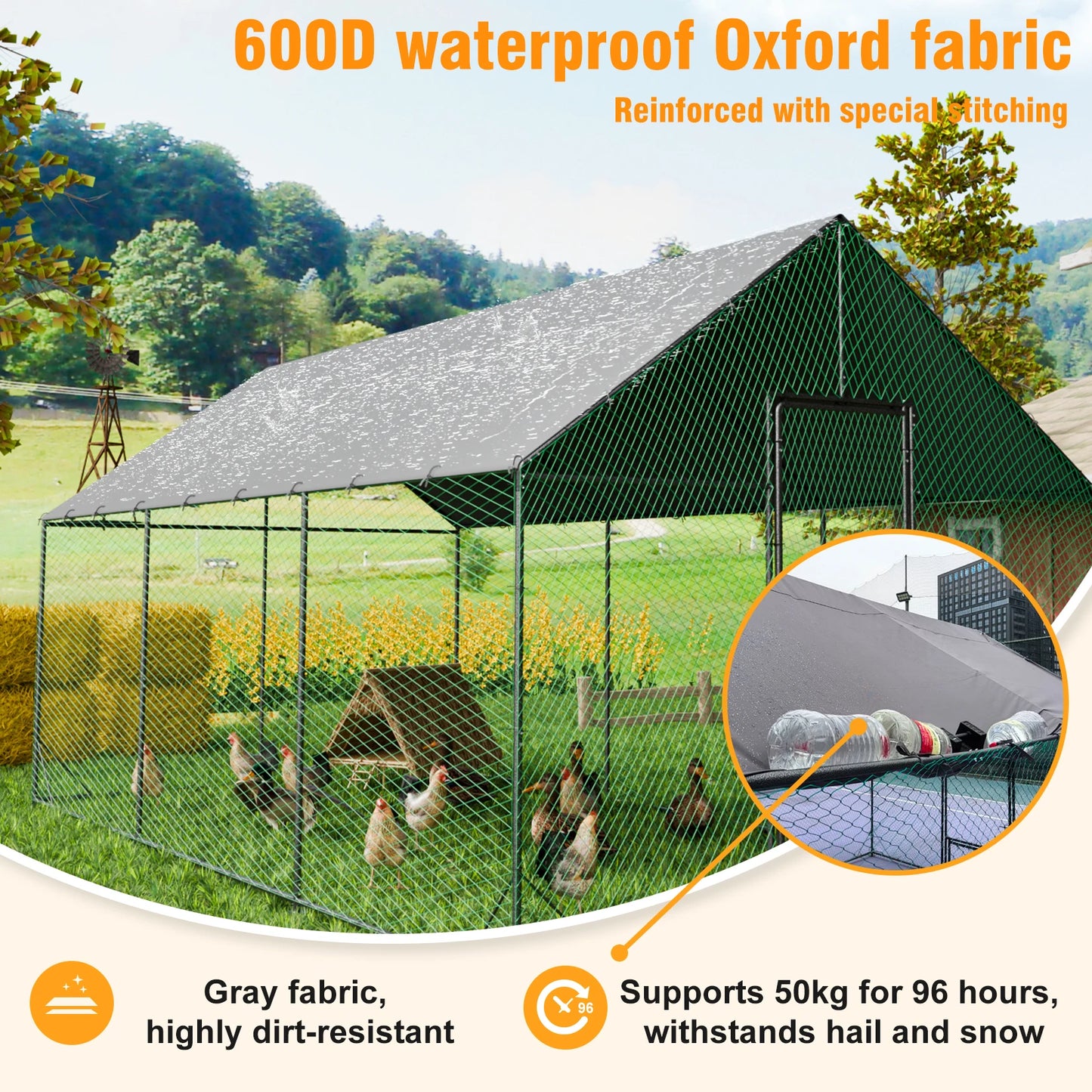 Large Upgrade Metal Chicken Coop Walk-in Poultry Run with Nylon Netting