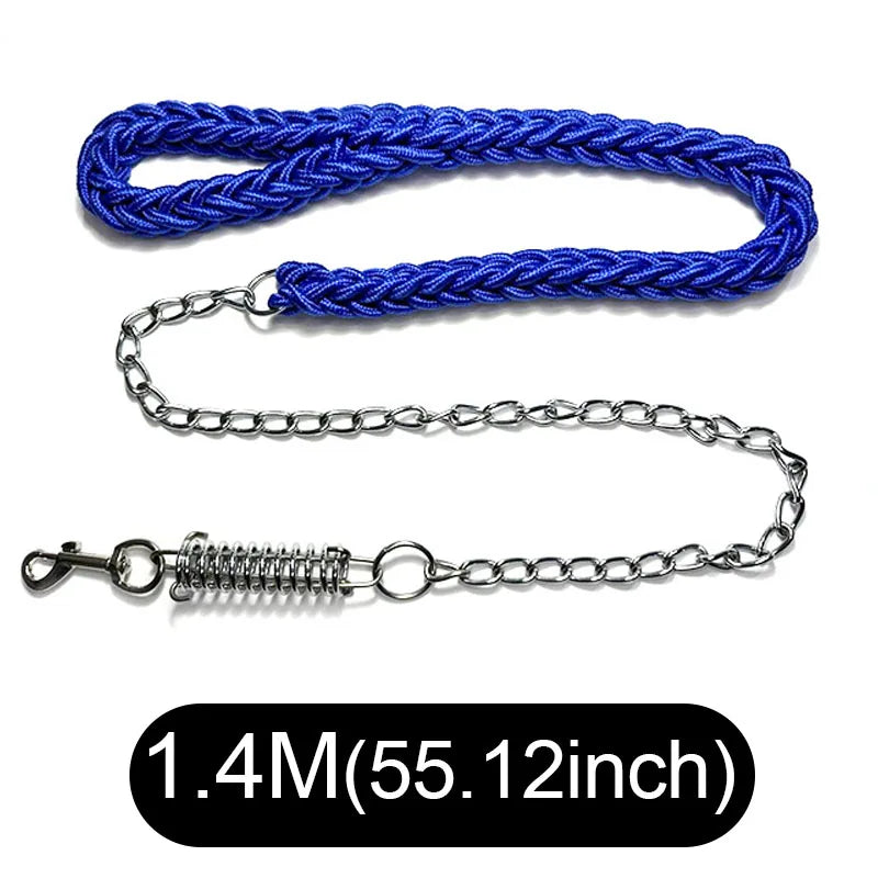 A blue braided rope leash with a silver metal chain and spring-release clasp, displayed on a white background with a black text overlay at the bottom indicating the length as 1.4M (55.