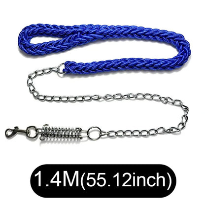 A blue braided rope leash with a silver metal chain and spring-release clasp, displayed on a white background with a black text overlay at the bottom indicating the length as 1.4M (55.