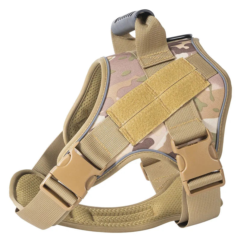 Camouflage dog harness with beige straps on a white background