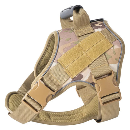 Camouflage dog harness with beige straps on a white background