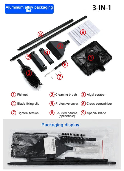 Aluminum alloy cleaning tool set with components labeled on a white background