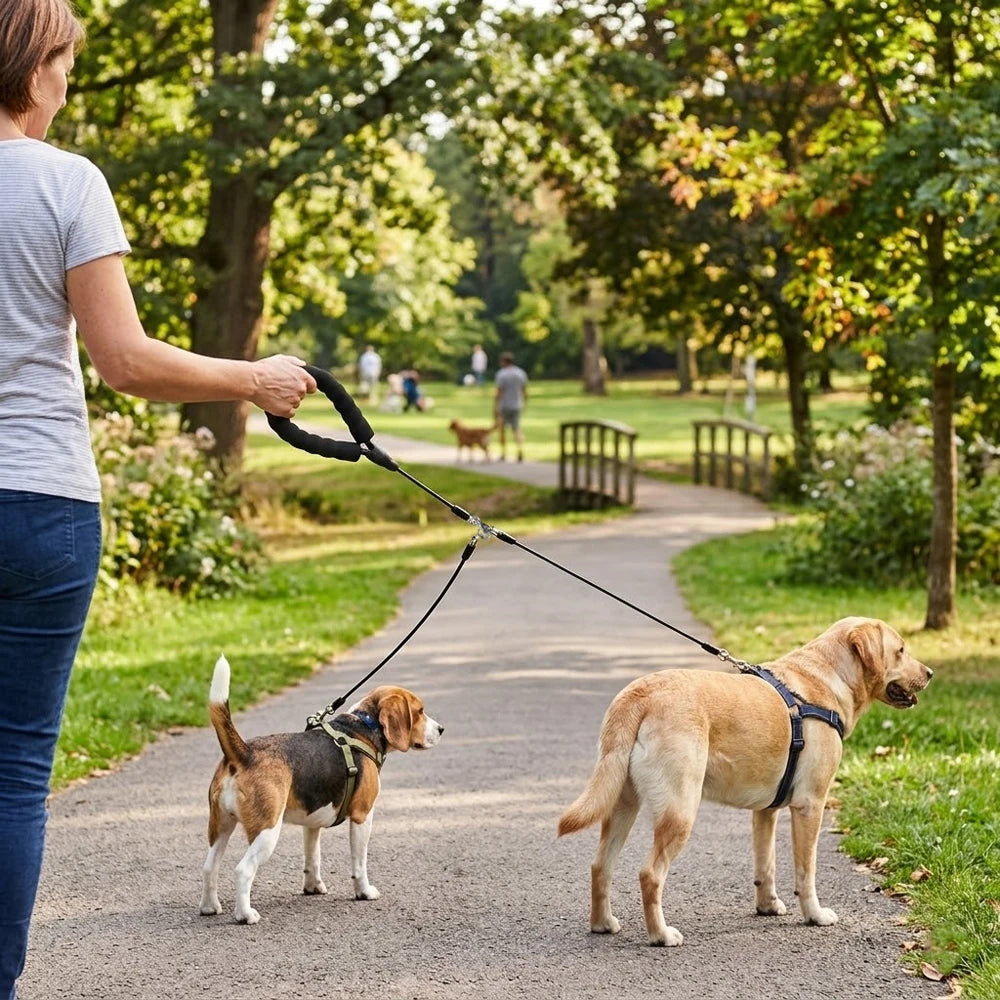Chew‑proof double dog leash with heavy‑duty swivel”