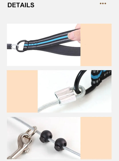 Close-up detail view of a black pet leash with a silver metal clasp, black and blue woven strap, and gray cable, shown in three inset panels on a light background.