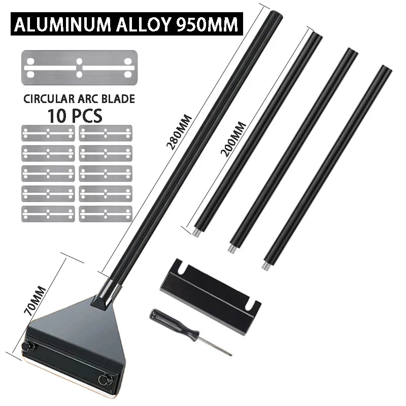 Set of aluminum alloy window cleaning tools with circular arc blade and measurement details on a white background.