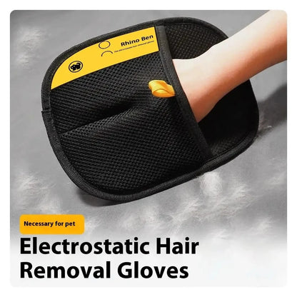 Black electrostatic hair removal gloves with yellow label on a gray background